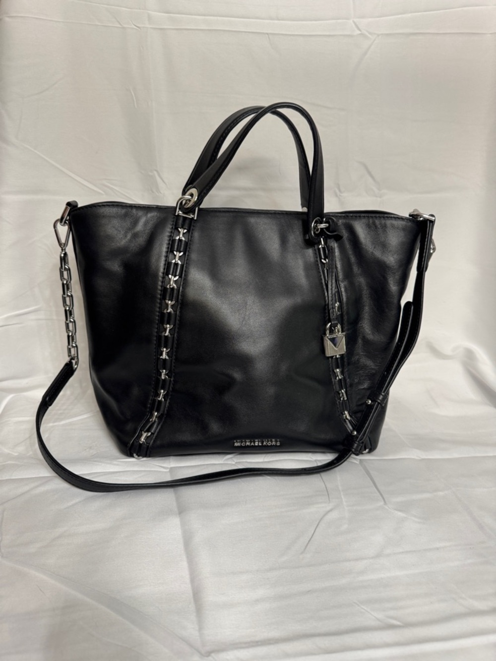 Michael Kors Black Leather Tote with Chain-Trim